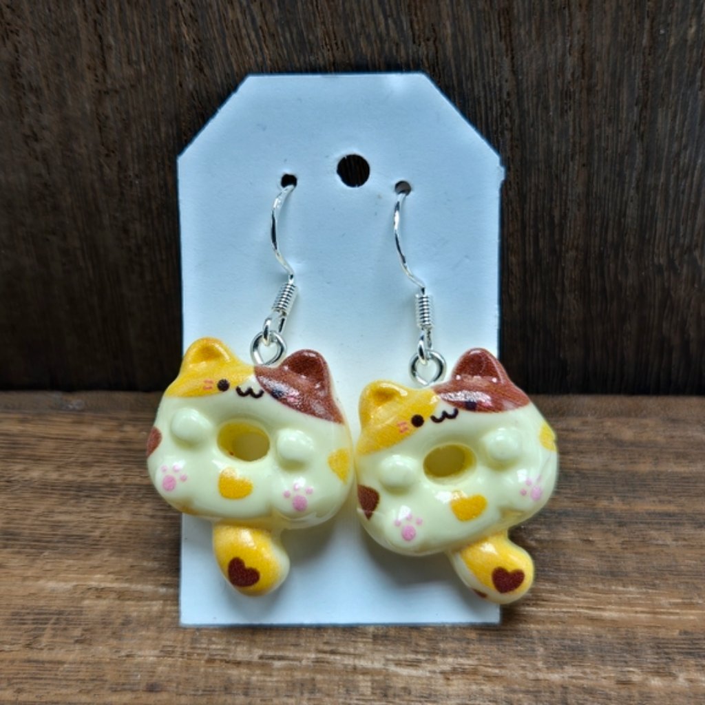 Kawaii Donut Cat Earrings Pierced Calico Cat Cat Lady Dangle Drop Jewelry Nwt